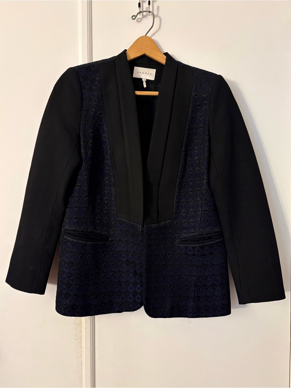 Sandro Paris Woven Texture Open-Front Women's Jacket in Black and Navy
